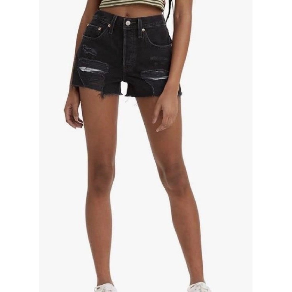 Levi's 501 Original Shorts Women 32 Black Distressed High Rise Denim Cutoffs